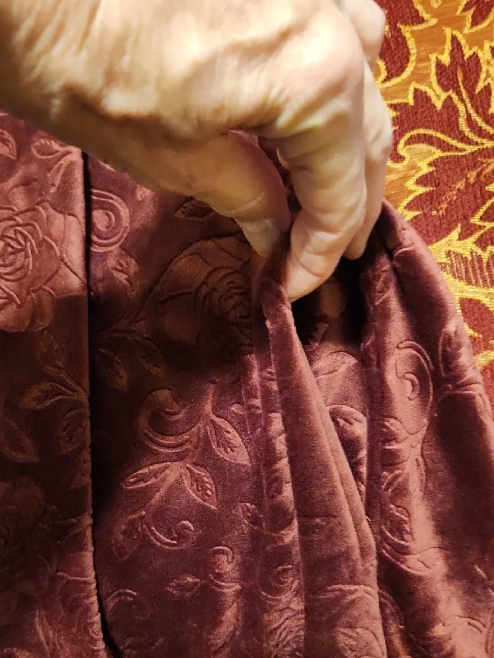 Miss Elaine Plush Embossed Velvet Robe, Burgundy, Full Zip, Large, Like New - Picture 5 of 12